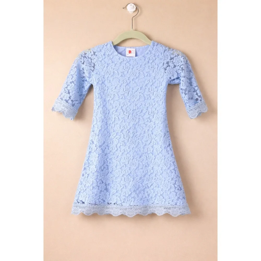 Girls Blue Floral Lace Dress‎ Size 130 US 7 8 Party Easter Wedding